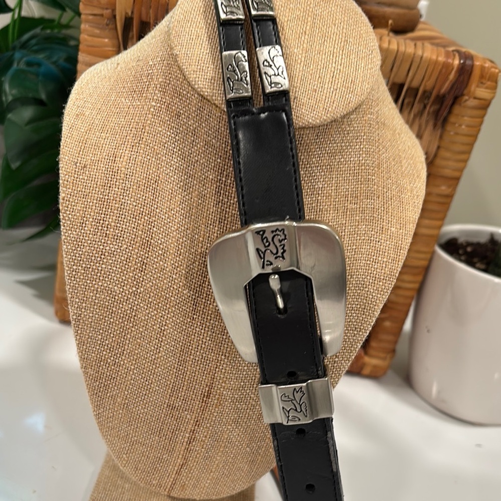 Lady Captiva Black Double Strand Leather Belt with Engraved Silver Accents